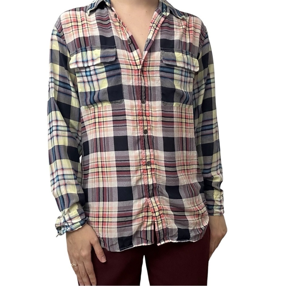 Equipment Femme Button Down Shirt 100% Silk Plaid Colorful Fall Size Small
